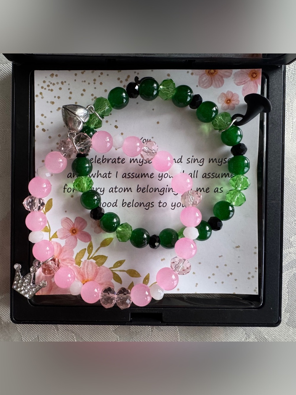 Green and Pink Beaded Stretch Bracelets with Magnetic Heart Charm